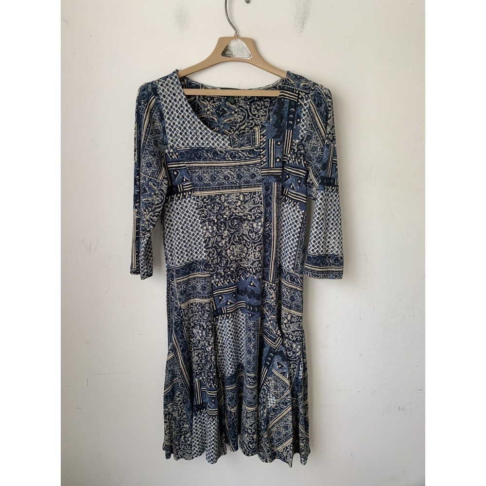 LRL Ralph Lauren Women Dress‎ Large Patchwork Country Old Money Boho Blue Floral